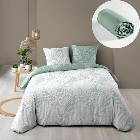 Parure de Lit 240 x 220 cm – Réversible + Drap Housse Coton 57 fils Cassia Sauge (1/4)