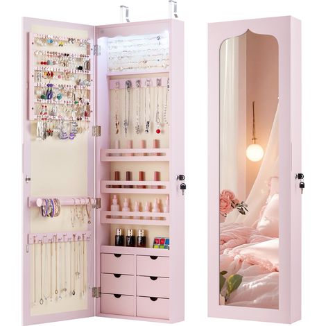 COSTWAY 120CM Jewelry Cabinet with Mirror LED Light 6 Drawers-Pink (1/5)