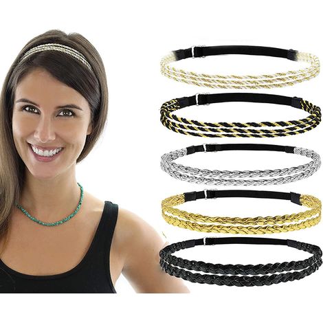 Lot de 5 bandeaux tressés ajustables, élastiques et antidérapants, avec double tresse et triple tresse torsadée. (1/4)