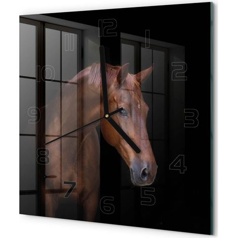 Horloge Murale Carrée Déco Salon Verre Trempé Silencieuse Design Contemporain Cheval brun 30x30 cm (1/5)