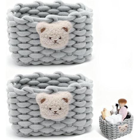 Juego de 2 cestas de almacenamiento de cuerda de algodón gris, cestas cuadradas pequeñas apilables para bebés y sala de estar. (1/5)