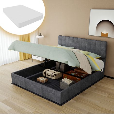Cama tapizada 160x200 cm gris en tejido y metal con cabecero alto y colchón incluido (1/5)