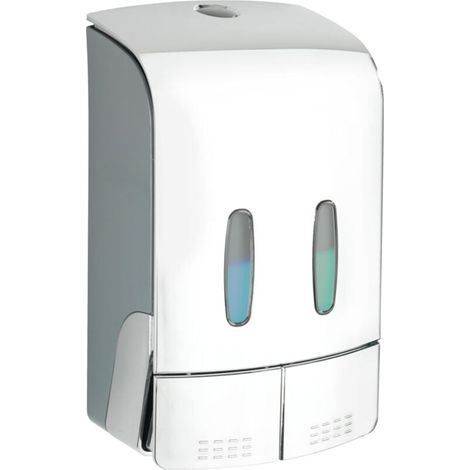 Distributeur de savon mural  Tartas chromé 2 chambres 480 ml distributeur de savon double ABS idéal pour salle de bain fixation sans perçage pratique pour désinfectant et savon liquide (1/5)