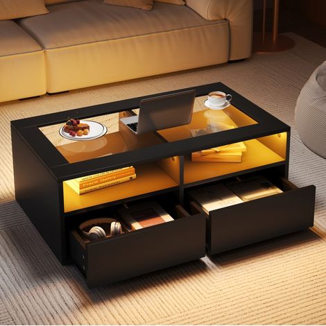 Tavolino da salotto LED 100 x 50 x 35 cm, 2 cassetti, vetro temperato, nero DESVIAE (1/5)