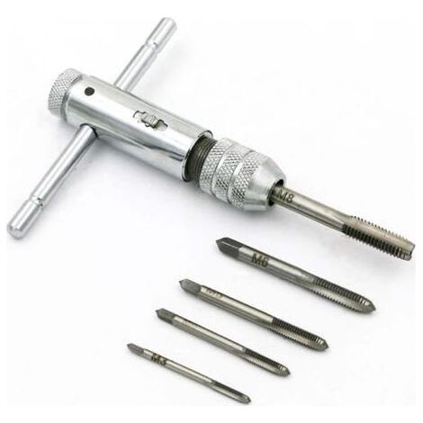 Jeu de tarauds à cliquet avec poignée en T réglable et tarauds métriques en acier avec 1 clé à tarauder + 5 tarauds M3-M8 (3 mm-8 mm) Filetage métrique en T (1/5)