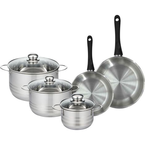 Set de 2 poêles 20 et 24 cm en inox et 3 faitouts inox 16, 20 et 24 cm Fackelmann Geneva (1/5)
