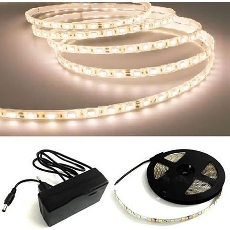 RUBAN LED 5050 FLEXIBLE 5M ADHÉSIF ALIMENTATION LUMIÈRE BLANCHE NATURELLE IP65
