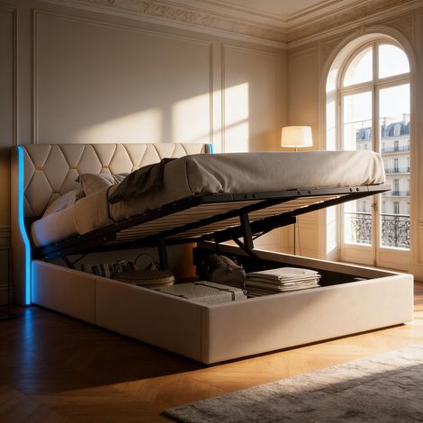 Lit Coffre 140x200 avec Éclairage LED Smart Control, Lit Adulte 2 Places en Velours Beige avec Sommier à Lattes, Design Moderne avec Grand Espace de Rangement Hydraulique pour Chambre, Crème (1/5)
