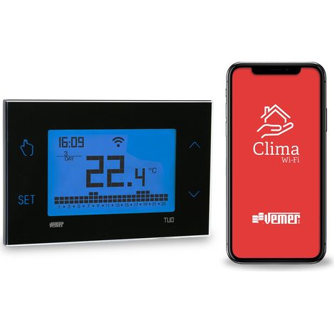 Thermostat intelligent connecté 230V VE793800 – Gestion de chauffage – Écran tactile – Programmation hebdomadaire – Application Clima Vemer (1/2)