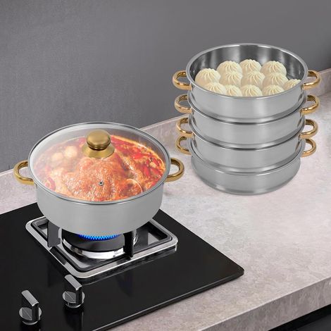 Poêle à vapeur en acier inoxydable à 5 couches avec couvercle en verre, vaporisateur de grande capacité pour la maison, adapté aux fours à induction à gaz, etc. (or et argent, 30 cm)