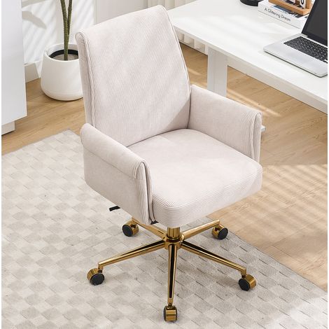 Chaise de bureau pivotante blanche en velours côtelé avec base dorée et dossier ergonomique (1/5)