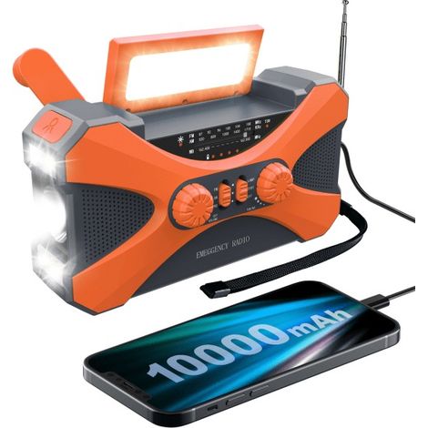 Radio d'urgence avec manivelle et batterie solaire de 10 000 mAh, générateur manuel, lampe torche, port USB multifonctionnel, orange. (1/5)