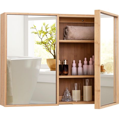 COSTWAY Mobile Bagno con Specchio 65 x 14 x 50,5 cm, Armadietto da Parete con 2 Porte Reversibili in Bambù e 2 Ripiani Regolabili, Mobiletto Salvaspazio per Soggiorno e Ingresso, Naturale (1/5)