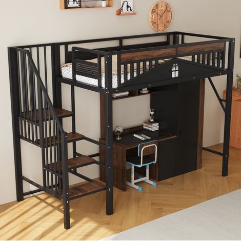 DESVIAE Lit mezzanine 90 x 200 cm avec échelle de sécurité latérale rangement garde corps fenêtre métal bois noir (1/5)