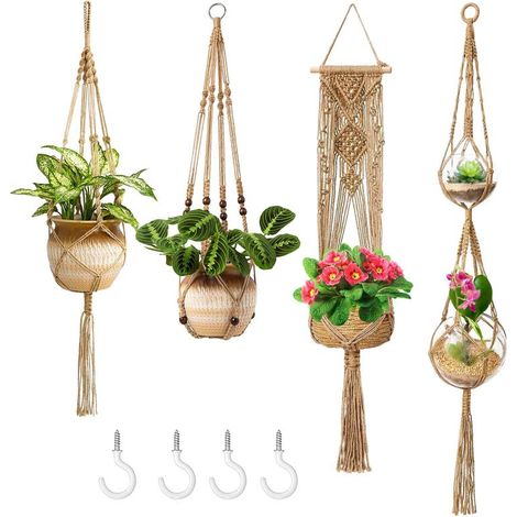 Lot 4 supports suspendus corde coton tressée – Avec 8 crochets – Marron – Jardin, terrasse, mur (1/5)