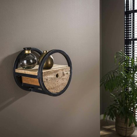 Pier Import – Étagère murale ronde en bois recyclé brut avec tiroir D30 cm – Fixation murale – Style vintage unique – Pour espaces modernes (1/5)