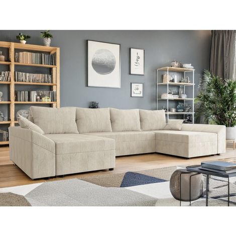 Tendencio – Canapé d'angle convertible en U velours côtelé beige – 5 places – Dimensions 316x138x82 cm – Coffre de rangement intégré – Couchage 268x130 cm