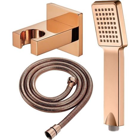 Ducha de mano para baño con cabezal cuadrado económico, soporte de latón oro rosa, manguera flexible y ajustable – Juego completo