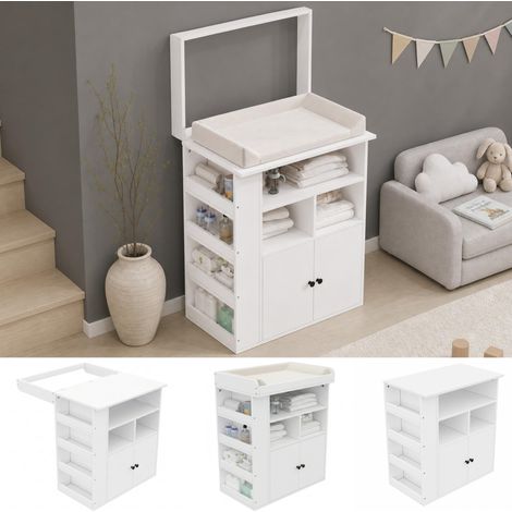 Commode à langer bébé 2-en-1, barrière amovible, hauteur 90 cm, blanc noir (1/5)