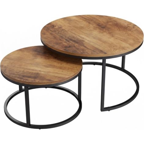 Lot de 2 tables basses rondes — tables d'appoint style industriel avec structure en métal, adaptées au salon et à la chambre (marron). (1/5)