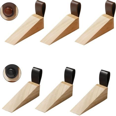 Juego de 6 cuñas para puertas, cuñas de suelo para puertas, topes de suelo para puertas con hebilla de cuero, funcionalidad de cuña para puertas, para puertas de vidrio y madera (3 negras + 3 marrones (1/5)