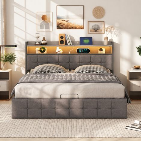 Lit coffre 140x190 cm, tête de lit capitonnée avec led, chargement USB, rangement hydraulique, cadre en métal noir, sommier à lattes, style moderne,lin gris (1/5)