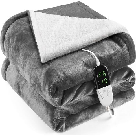 Couverture Chauffante Flanelle 155x180cm, Plaid Chauffant avec 6 Niveaux de Dhaleur, Minuterie 10H, Chaleur Rapide, Protection Contre la Surchauffe, Affichage LED, Lavable en Machine (Gris)