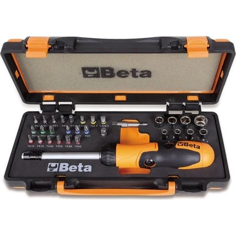 Beta 860/C38P - 1 portainserti con impugnatura a criccheto reversibile, 27 inserti per avvitatori, 8 bussole esagonali e 2 accessori in cassetta di lamiera con termoformato morbido