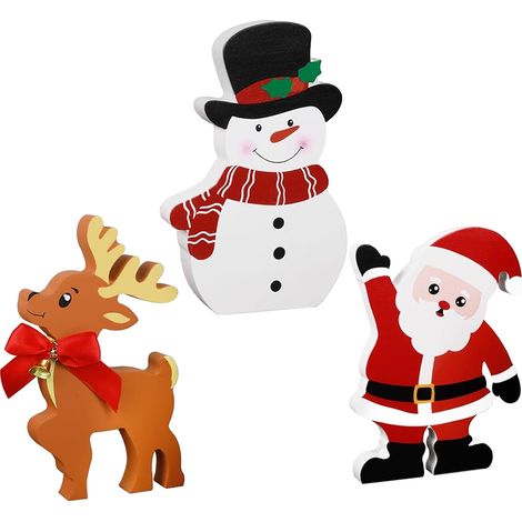 (Ensemble de 3 pièces Bonhomme de neige + Renne) Plateau décoratif de Noël en bois carrelé, canne de Noël à la menthe, décoration hivernale pour sapin de Noël, intérieur (1/3)