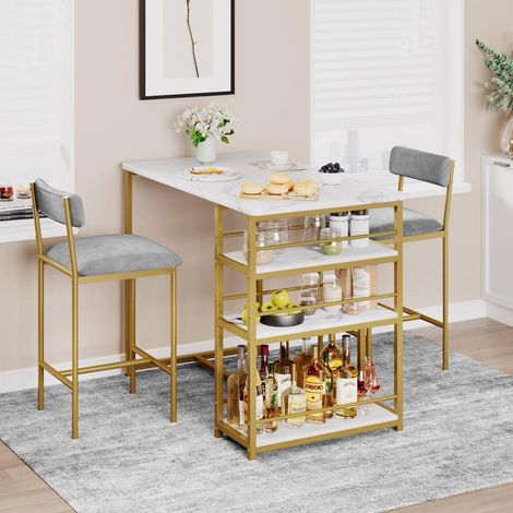Bartisch Set 3-teilig mit 2 gepolsterten Stühlen & 3 Ablagen, goldener Metallrahmen (1/5)
