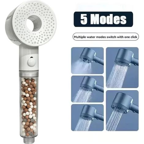 Pommeau de douche massant spa Booster (blanc) 5 modes réglables, haute pression, économie d'eau, filtre portable, robinet de douche, accessoires de salle de bain (1/5)