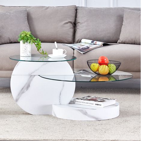Table basse en verre et MDF blanc effet marbre, ronde 2 niveaux, diamètre 70 cm (1/5)