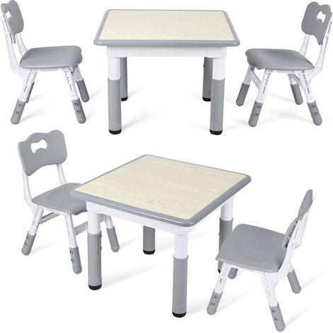 Randaco Conjunto de mesa y sillas infantiles regulable en altura, tablero gris efecto madera lavable, 60 x 60 cm, 2 sillas (1/5)