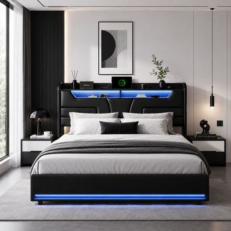 Lit coffre 160x200 cm avec sommier, lit double avec rangement hydraulique, tête de lit avec LED, simili cuir noir, 340 kg, moderne
