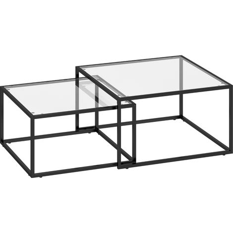 Set de 2 tables basses rondes avec plateau en verre trempé et cadre en métal noir (1/5)