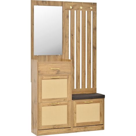 Mobile ingresso con specchio, scarpiera, ganci e cassetto in MDF naturale (1/5)