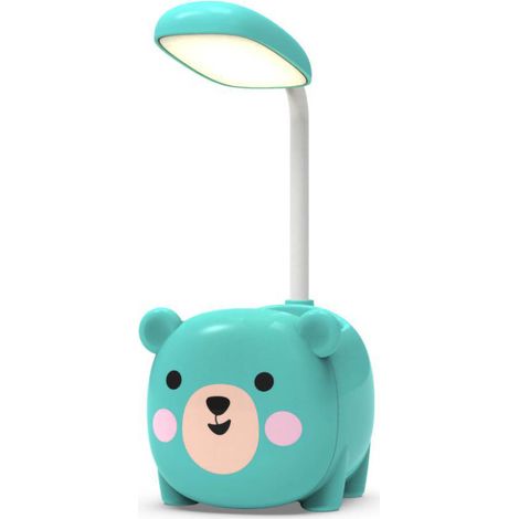 Lampe de table avec porte-stylo pour étudiants, lampe de table de protection des yeux avec tuyau pliable, chargement USB et veilleuse LED ours bleu