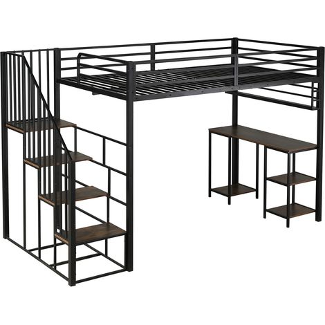 Letto a soppalco in metallo 120x200 cm con scrivania, scala con corrimano e scaffale (1/5)