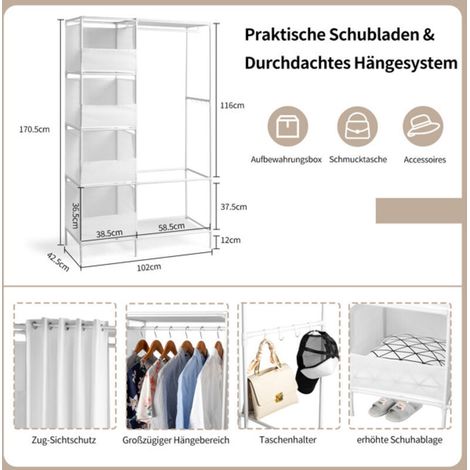 Armoire penderie suspendue 4 niveaux 105x45x170cm blanc, dressing tissu avec rideau et rangements (1/5)
