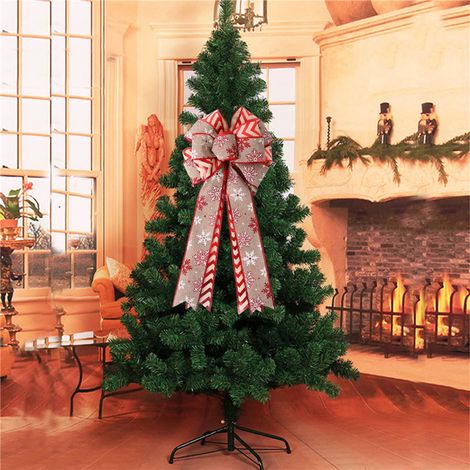 Weihnachtsschleife aus doppellagigem Leinen, Ahornblatt-, gestreift, Schneeflockenmuster, Khaki-Schleife für Weihnachtsbaumschmuck (1/4)