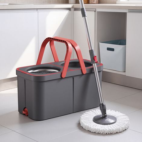Balai Serpillère avec Seau, 2 Têtes en Microfibre, Séparation Eau Propre et Sale, 47,5 x 25,5 x 24 cm, Gris et Rouge (1/5)
