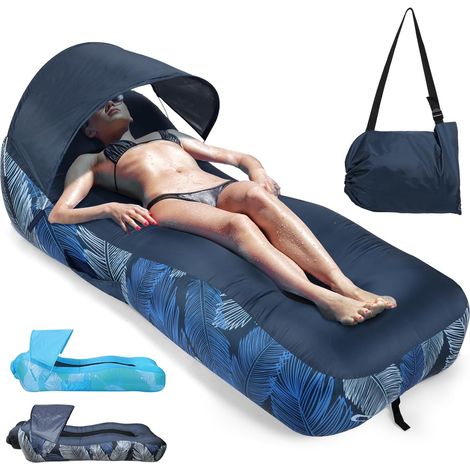 Hamac Gonflable avec Parasol, Portable Canapé Gonflable Air Sofa Eau et Terre, Imperméable Pouf Gonflable avec Sac, Pliable Sofa Gonflable pour Jardin Camping Plage, Plume Bleu Marine (1/5)