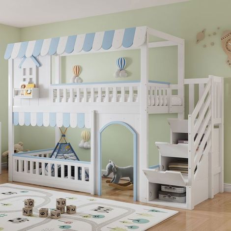 Lit Superposé 90x200cm Escaliers de Rangement Sommiers Inclus - lit double - Design Maison Fenêtres Bois Pin Blanc Bleu pour Enfants (1/5)
