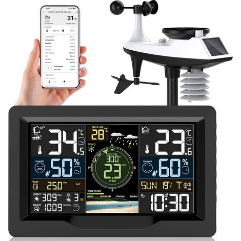 Station Météo WiFi 7 en 1 avec Capteur Extérieur sans Fil, 4 Rétroéclairages Réglables, Pluviomètre, Anémomètre, Girouette, Baromètre et Prévision Météo (1/5)