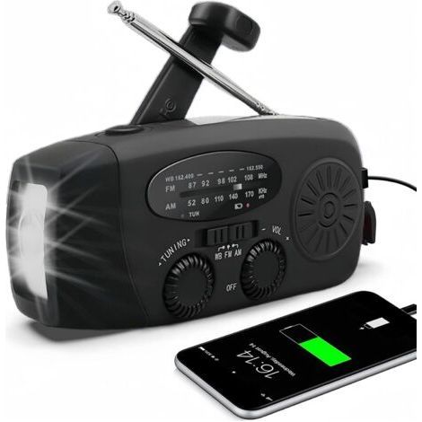 QORVA-Radio solaire AM/FM/NOAA avec manivelle, chargeur USB, lampe torche LED, batterie 2000 mAh, pour les urgences et les activités de plein air. (1/5)