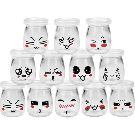 12 Pièces Pot en Verre avec Couvercle Réutilisables, Pot Yaourt Transparent, Pots de Yaourt avec Motifs Cartoon, Petits Pots en Verre pour Mousse, Gelée, Confiture, Lait et Apéritif(100ML) (1/5)