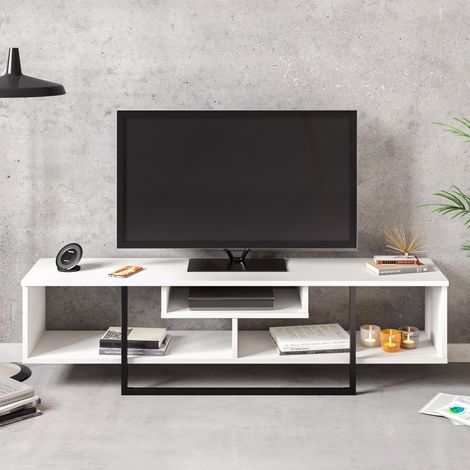 Decorotika Asal 150 cm Wide Modern Meuble TV Industrial Metal Meuble TV Open Shelf Lowboard Up To 63 TVs - Blanc And Noir (1/4)