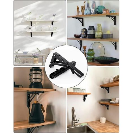 Supports d'étagère pliables noirs, lot de 2, 300 mm, robustes et pliables.
