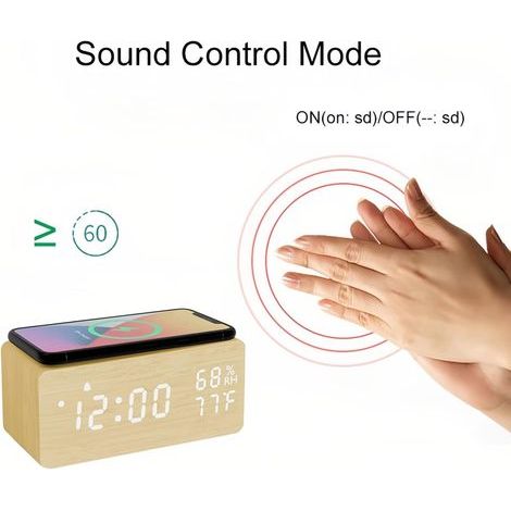 Digitaler Wecker aus Holz mit LED-Soundsteuerung, Unterstützung für kabelloses Laden, Temperatur- und Feuchtigkeitsanzeige sowie einstellbarer Helligkeit (gelb) für Schlafzimmer und Heimbüros.