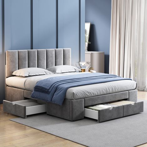 Lit Double 140x200 Gris Capitonné Velours - Avec sommier à lattes, dossier et 4 tiroirs de rangement intégrés (sans Matelas) (1/5)